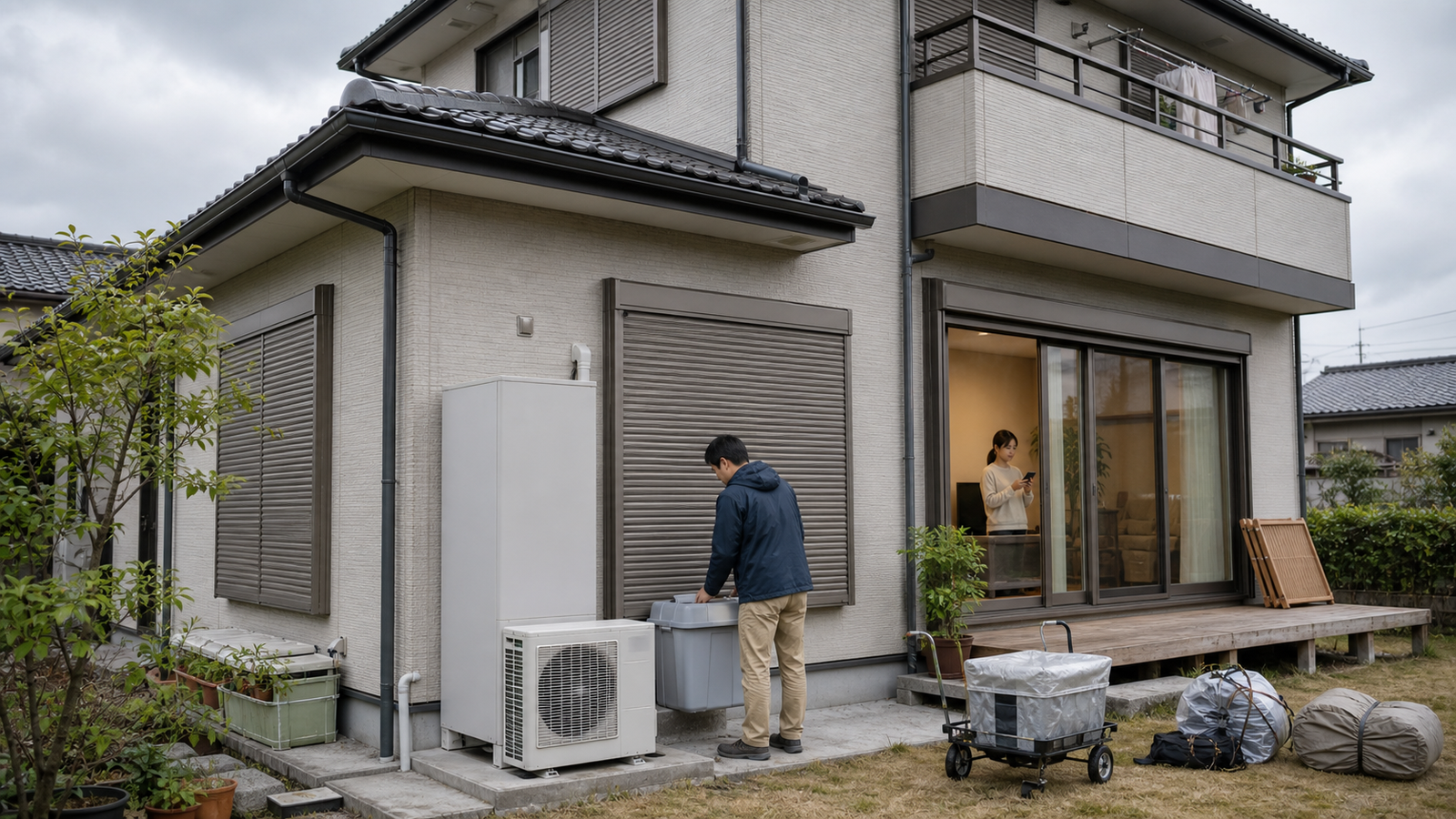 エコキュート・給湯が止まる前の備えを確認するオール電化住宅の停電備えイメージ