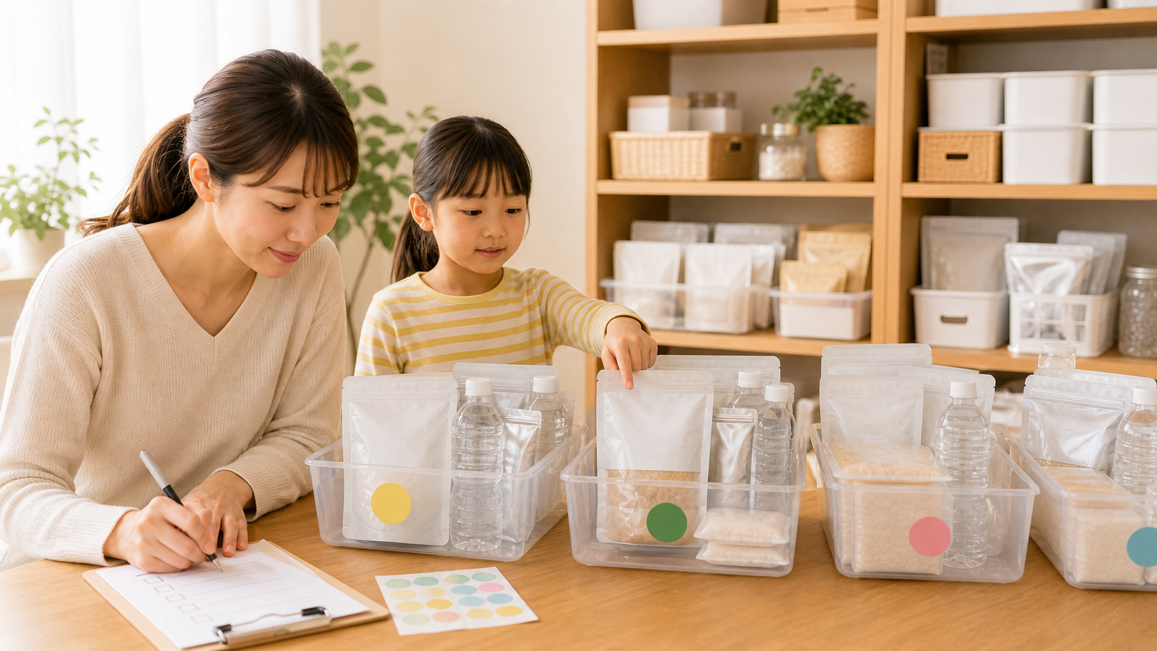 アレルギー対応の保存食を収納ケースに分けて期限管理している様子