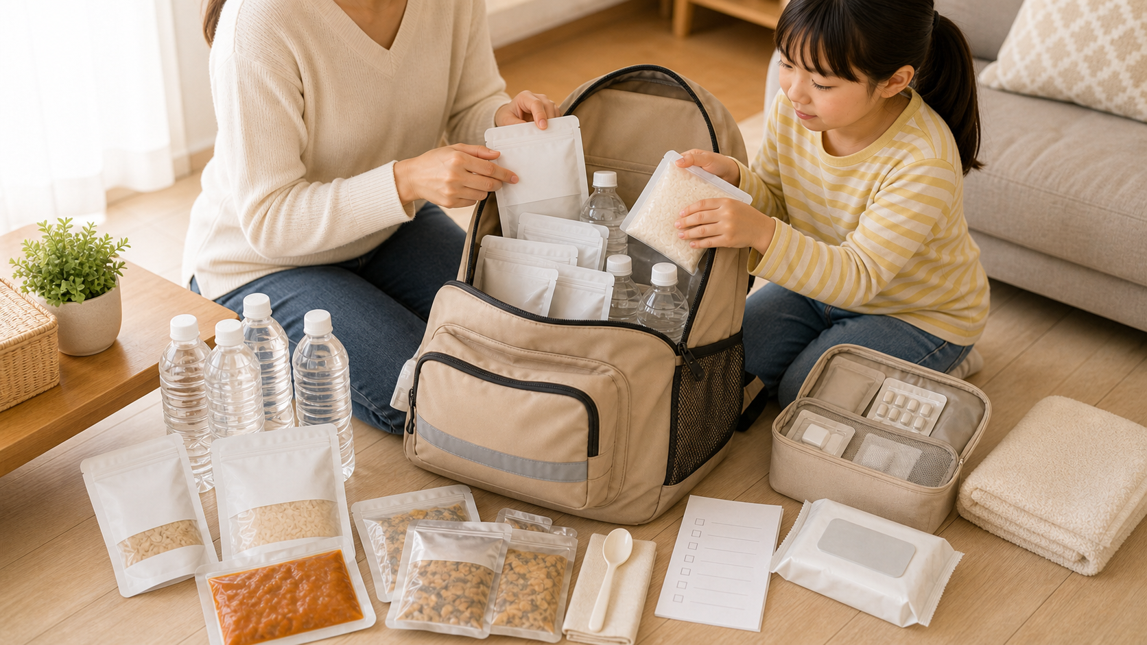 避難バッグにアレルギー対応の非常食や水を入れて準備している様子