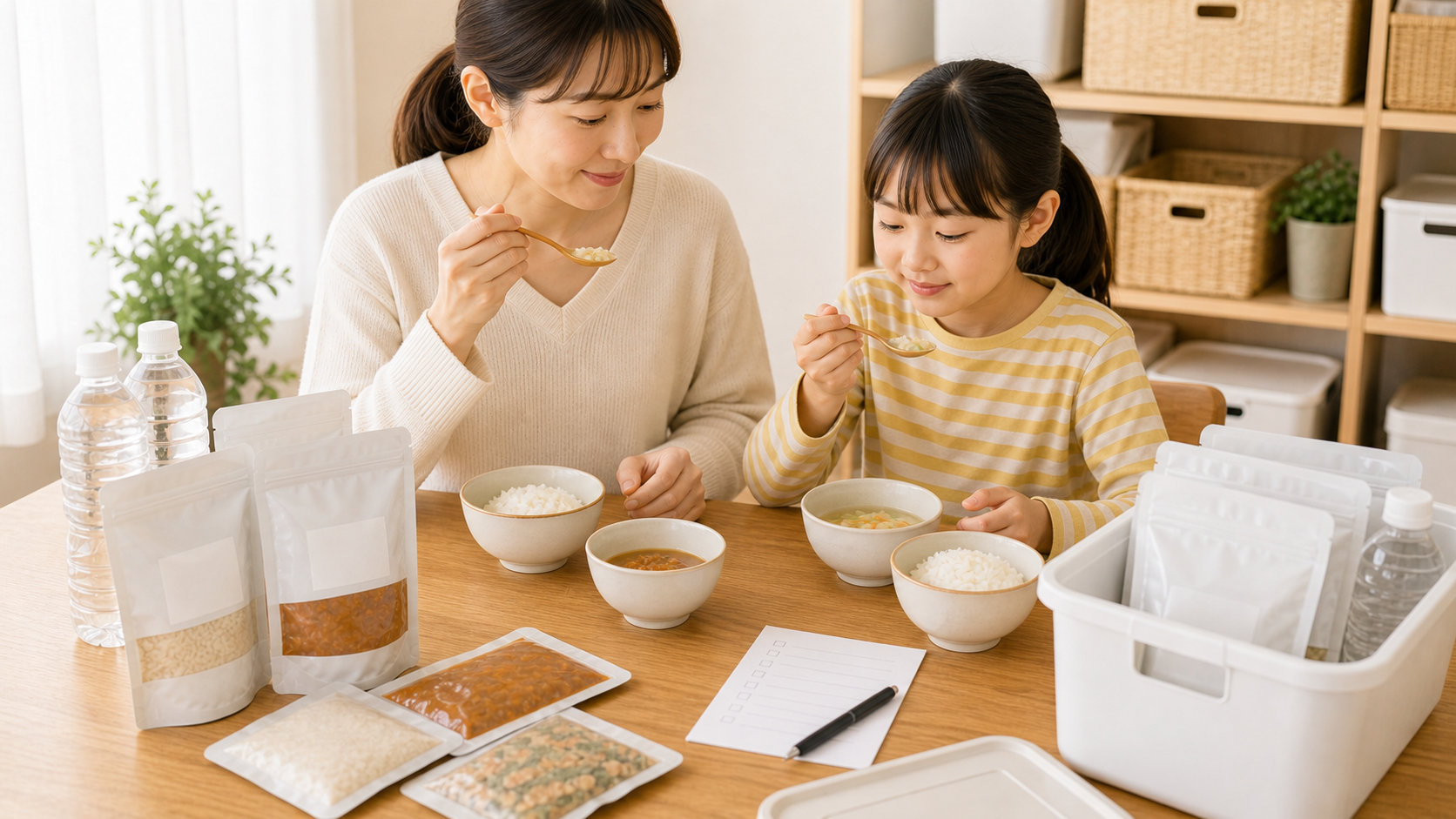 アレルギー対応の防災食を家族で試食して確認している様子
