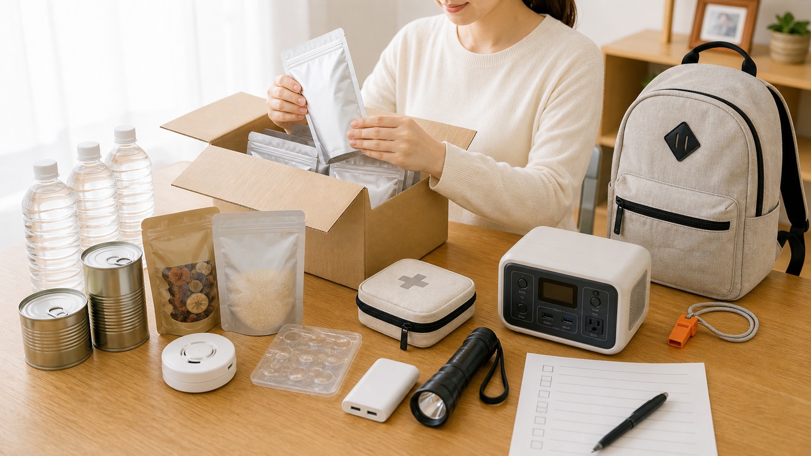 防災セットや保存食など購入した防災用品の中身を確認している様子