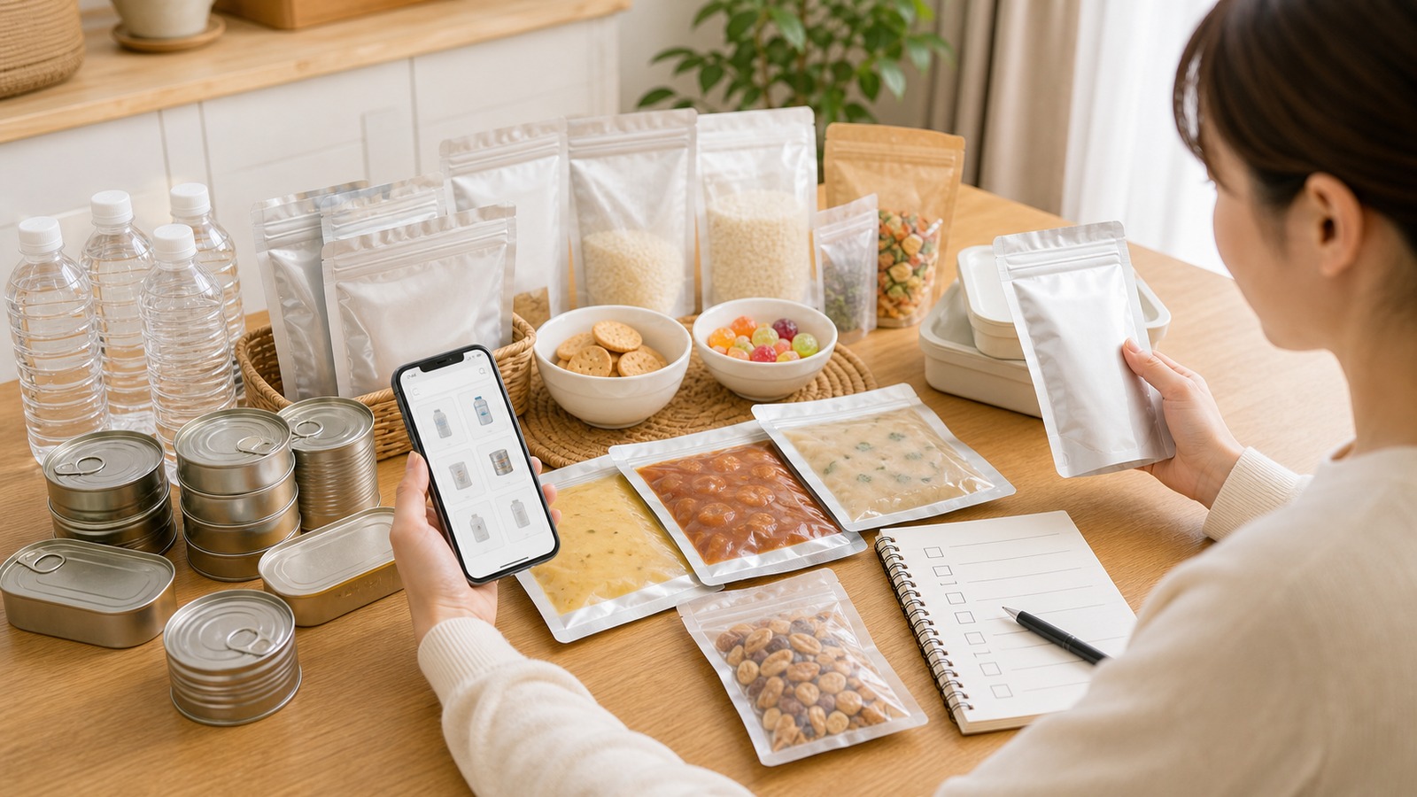 保存食や備蓄セットを比較しながら選んでいる様子