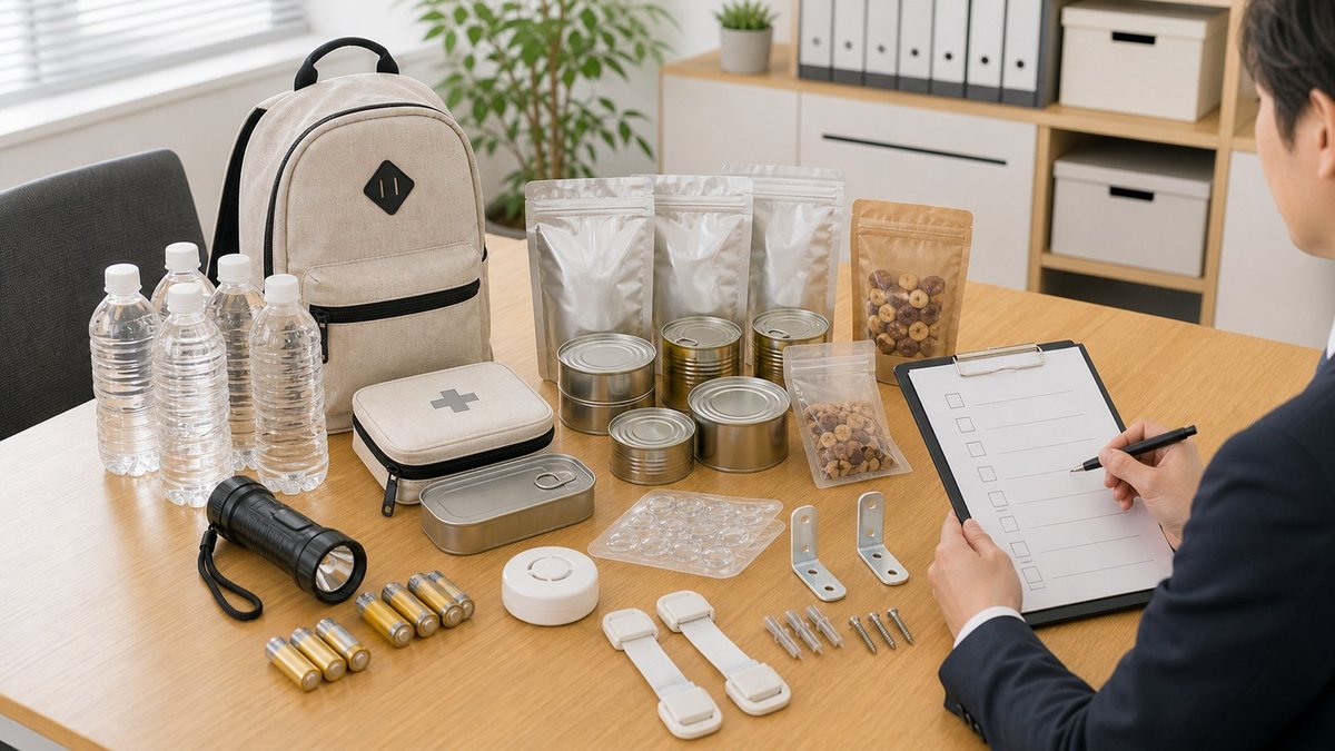 職場で保存食や転倒防止用品など防災備蓄品を確認している様子
