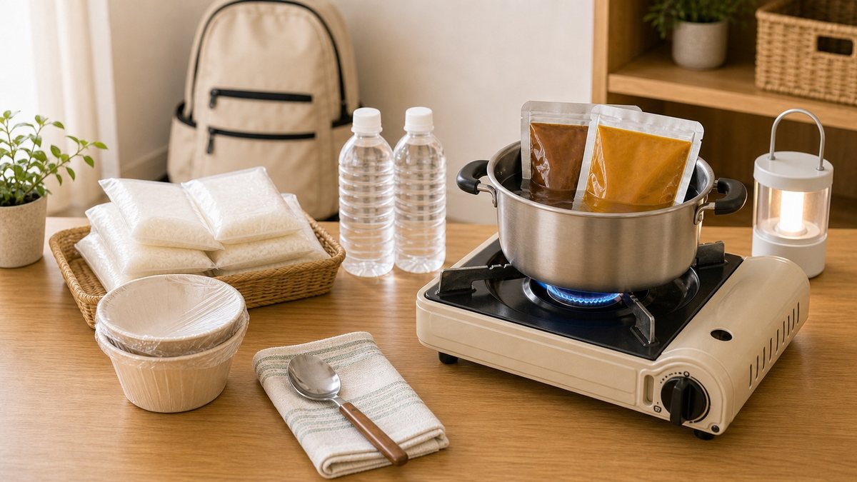 事業所の備蓄品を整理して非常時の食事に備えている様子