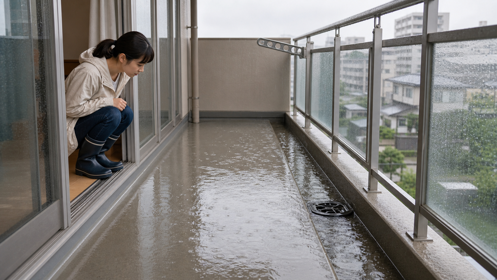 掃除前に確認することに関するベランダ排水溝掃除と防災のイメージ