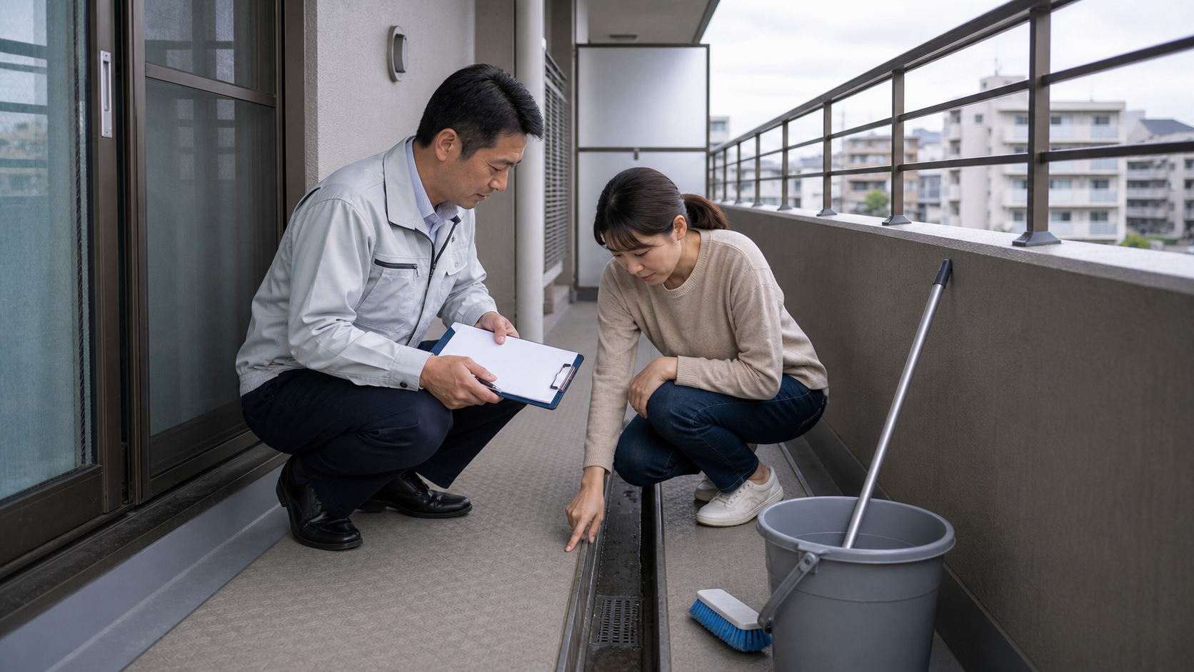 基本の掃除方法に関するベランダ排水溝掃除と防災のイメージ