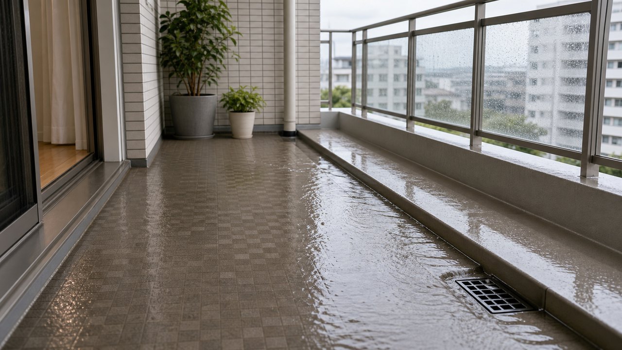 ベランダ排水口掃除と避難はしごの防災対策のイメージ