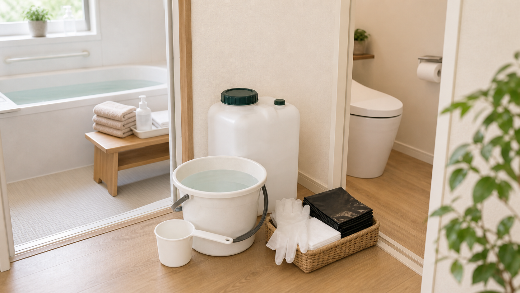 断水時のトイレや掃除に備えてバケツと給水タンク、衛生用品を準備している様子
