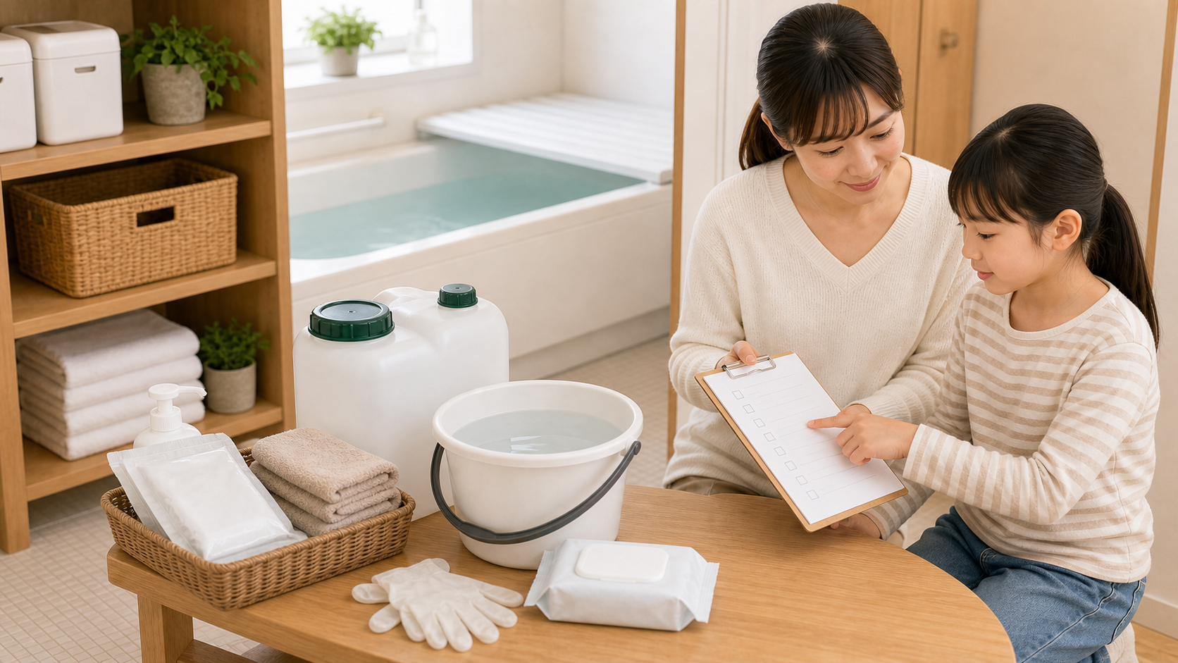 家族でお風呂の残り湯や生活用水、防災用品のチェックリストを確認している様子