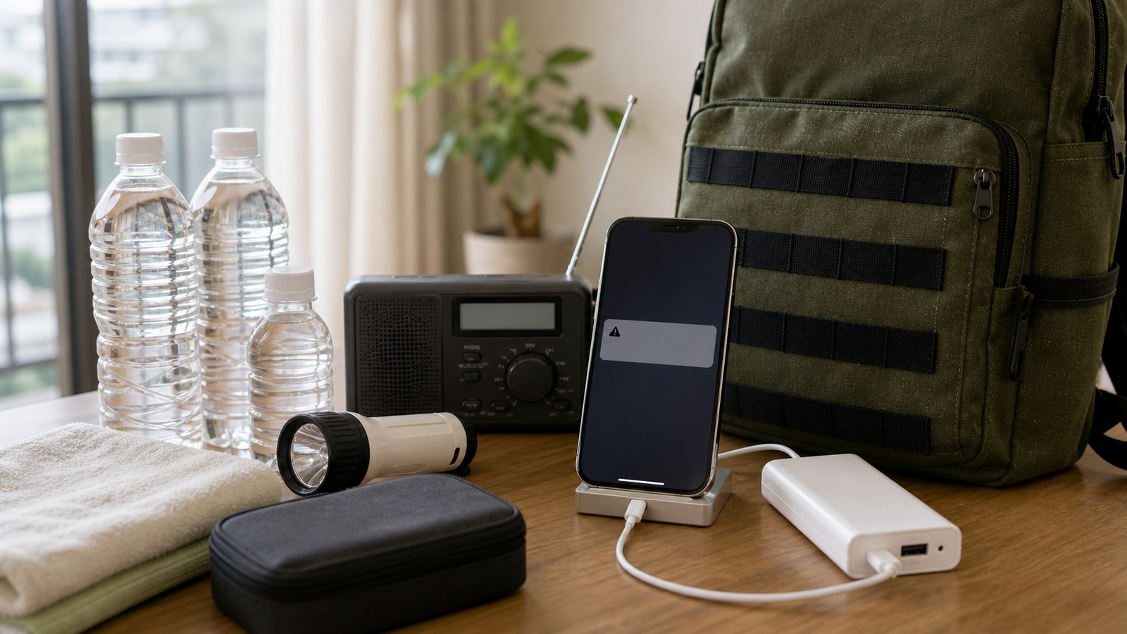 スマホと防災用品で自治体情報を確認する様子