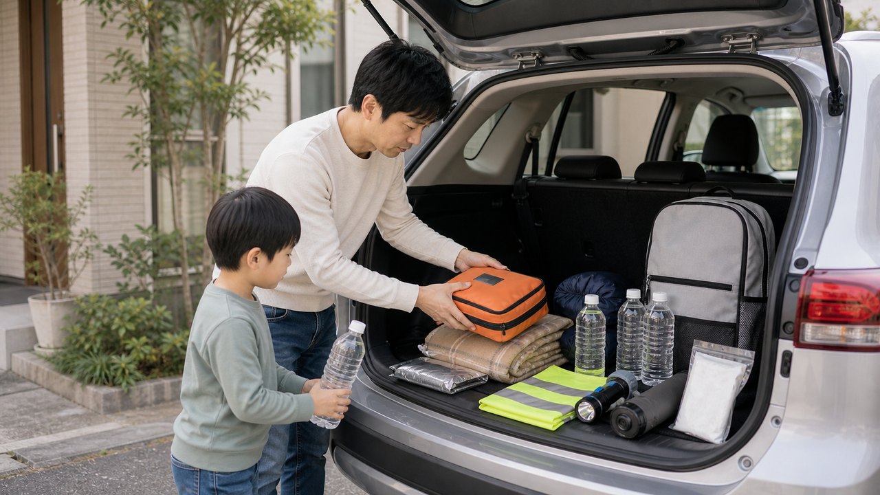 車載防災グッズと車内備蓄のイメージ