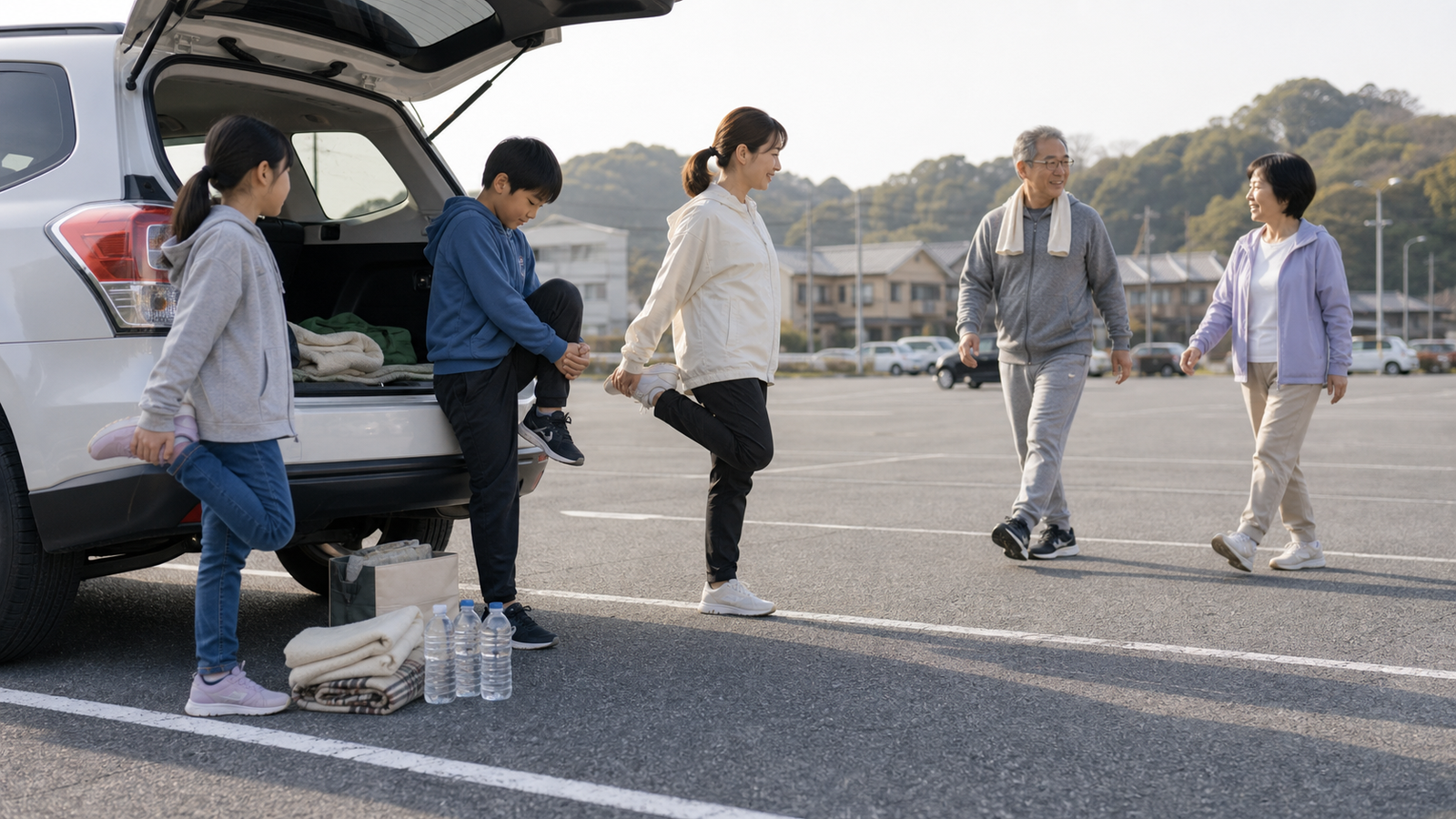 車中泊避難前に避難情報と車の状態を確認する様子