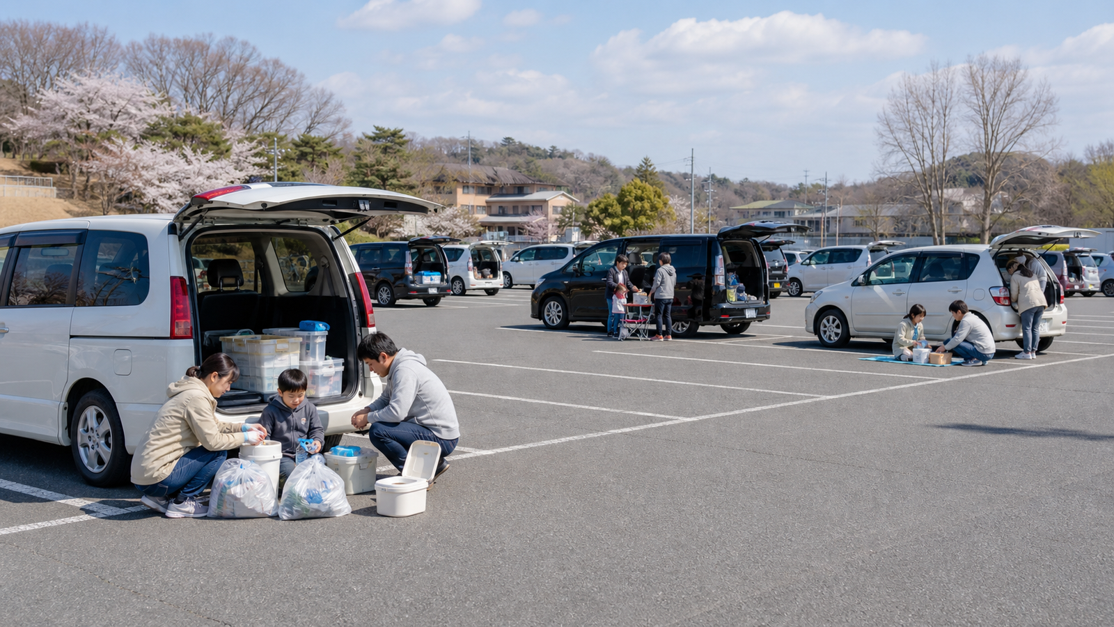 車中泊用防災バッグの中身を確認する様子