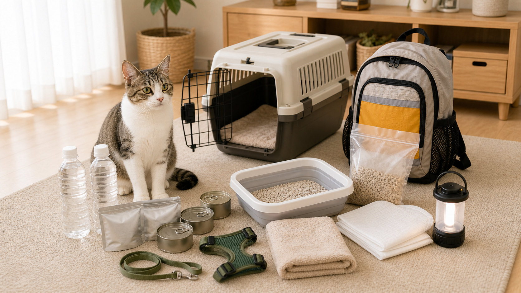 猫用防災セットとしてキャリーや猫砂、フード、水をまとめた備え