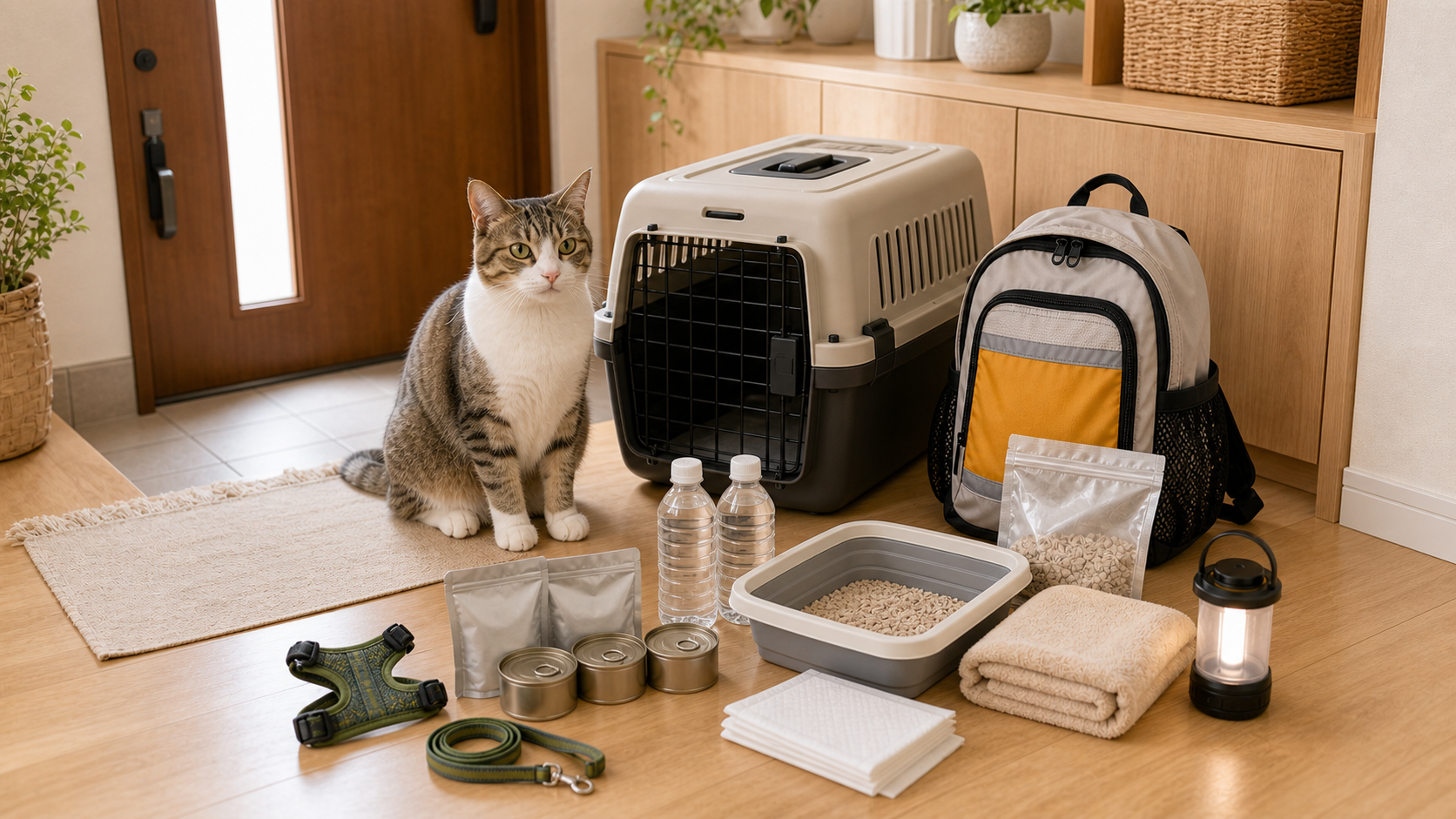 玄関近くに置いた猫用防災バッグと避難用キャリー