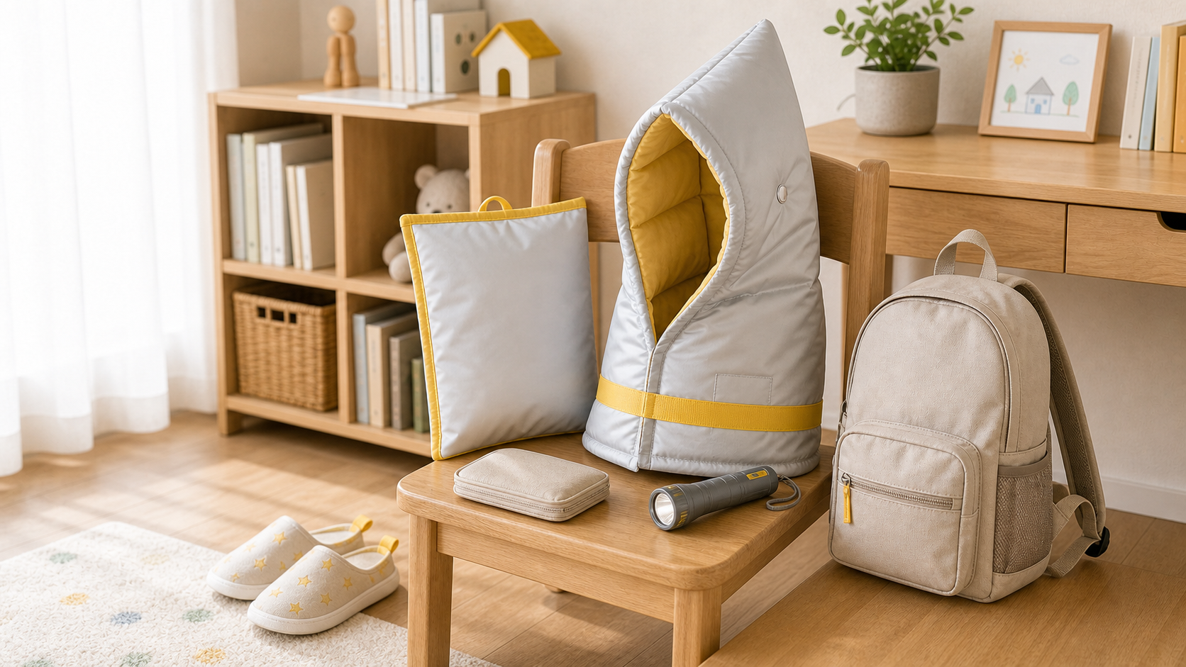 子ども部屋に防災頭巾、カバー、通学バッグ、ライト、スリッパを備えた様子