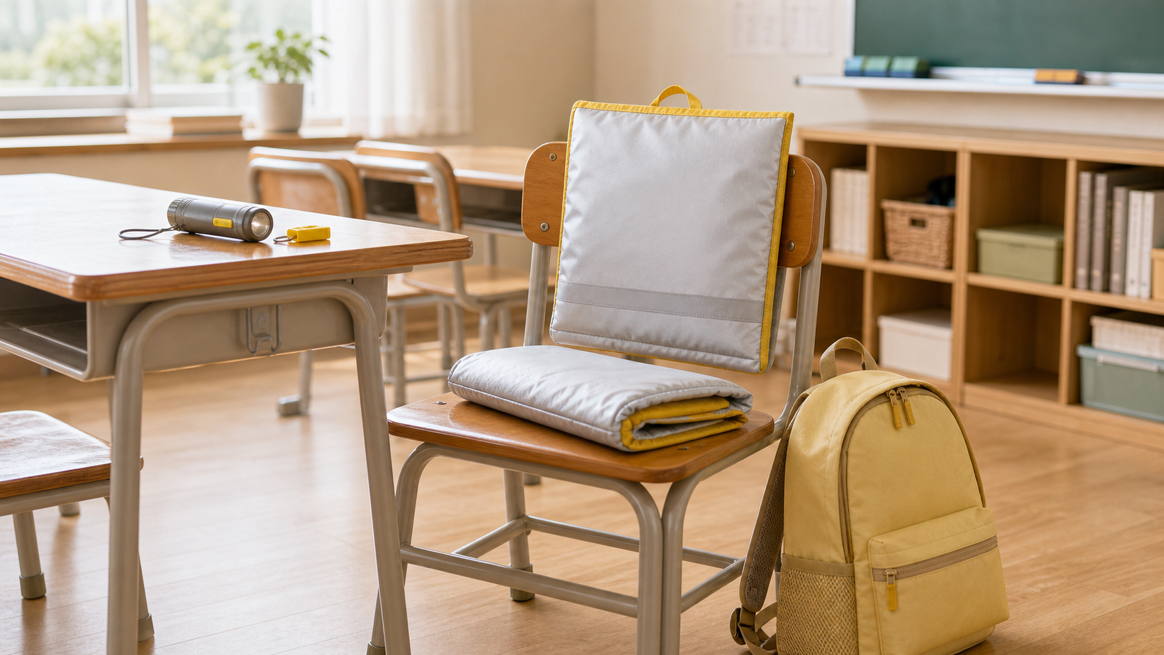 学校の椅子に子ども用防災頭巾カバーを取り付け、通学バッグとライトを近くに置いた様子