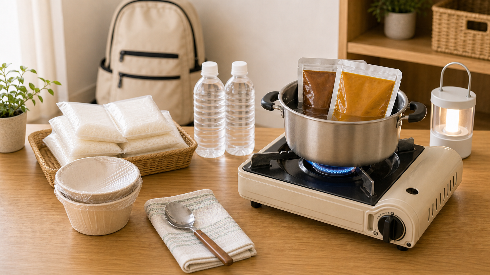 停電時にカセットコンロでレトルトカレーを湯せんして食事を準備している様子