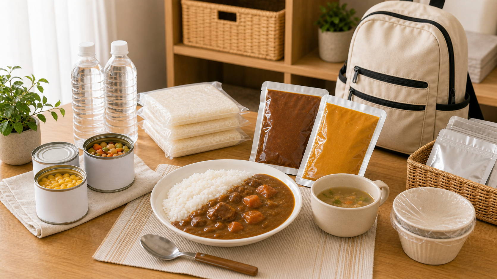 レトルトカレーを使った防災食メニューとしてカレーライスを用意している様子
