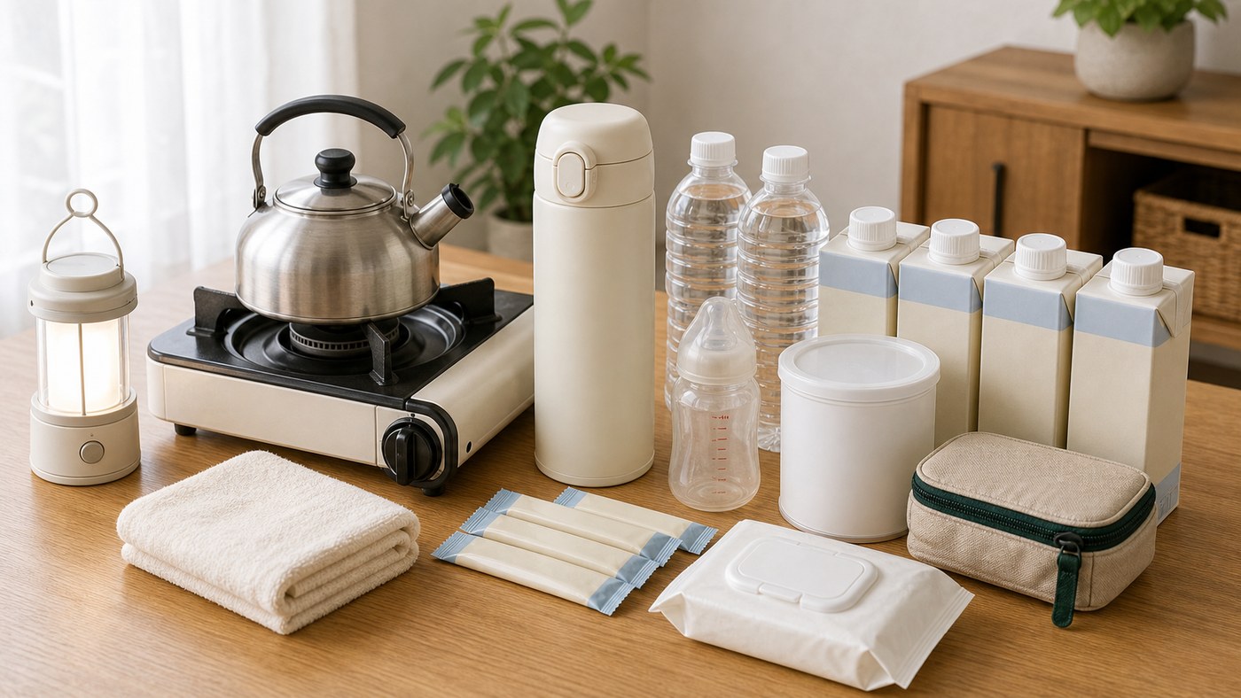 停電や断水時の調乳に備える防災用品のイメージ