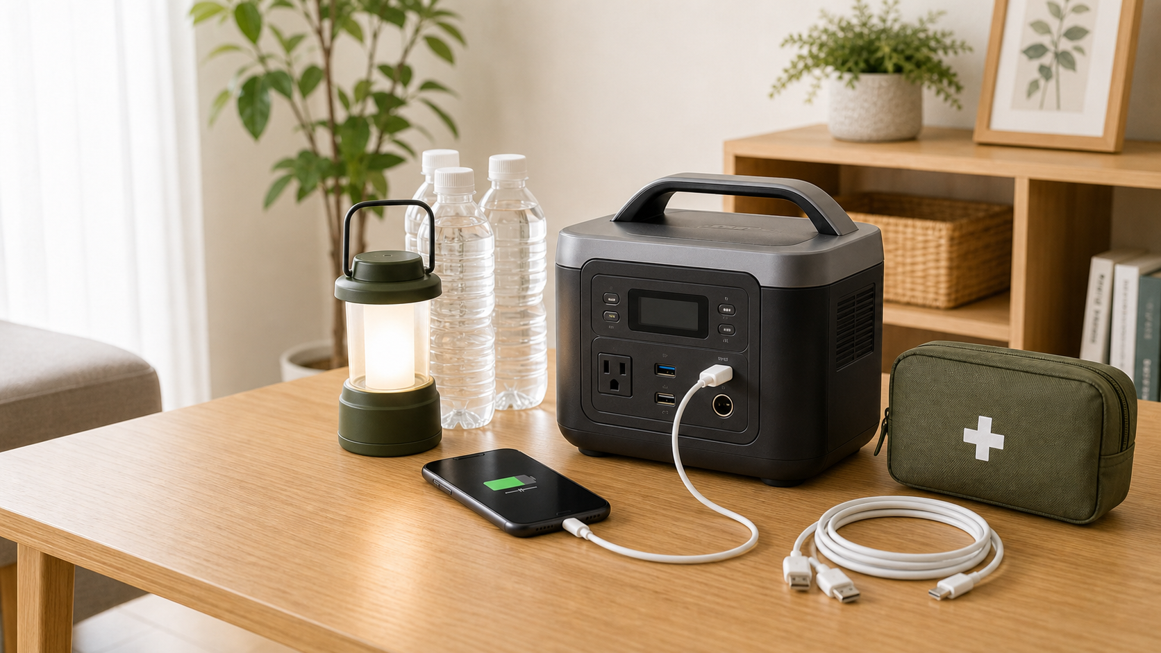 防災用蓄電池でスマートフォンやLEDランタンを使えるように備えた家庭の停電対策