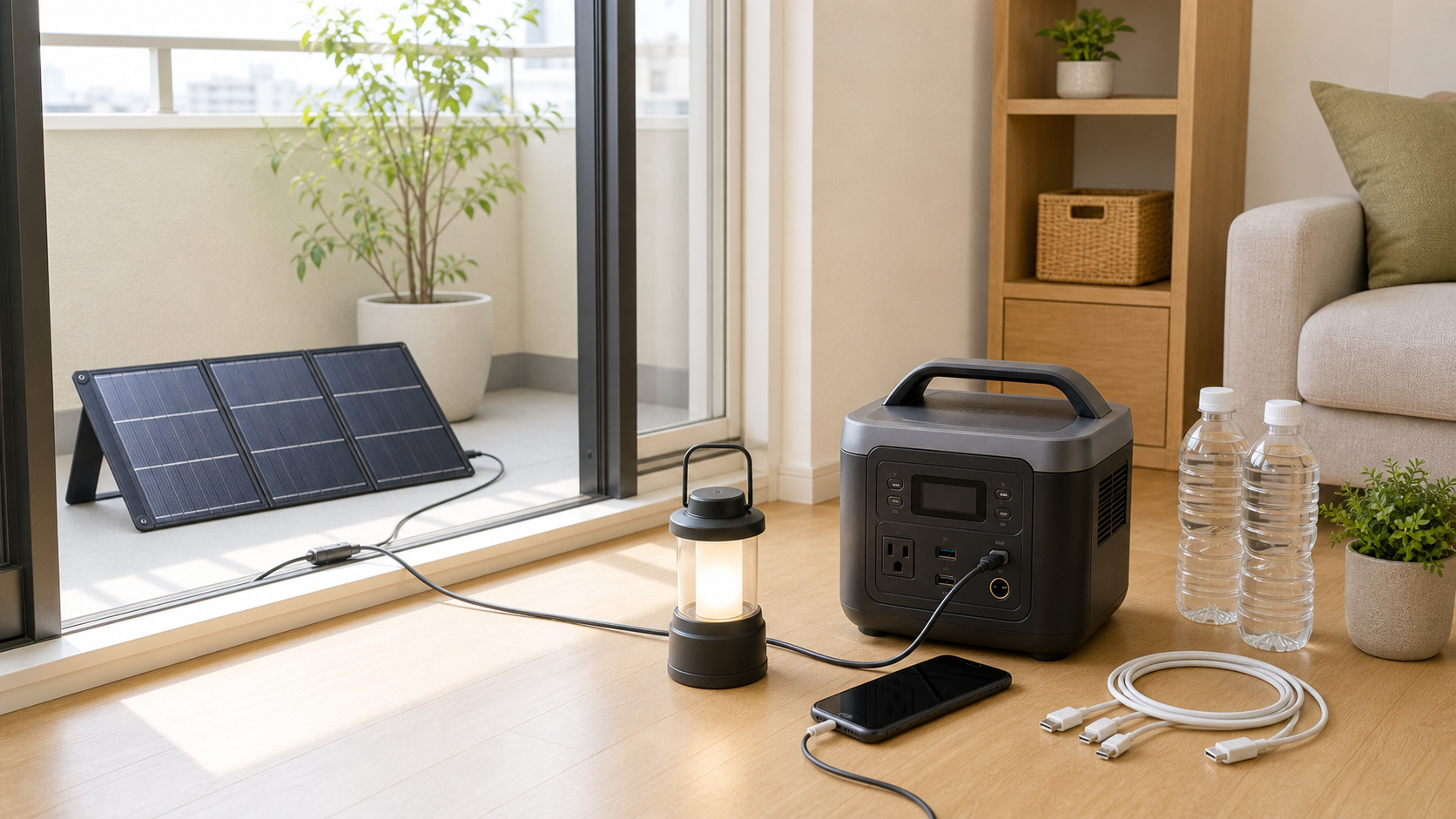 ソーラーパネルとポータブル蓄電池を組み合わせた災害時の充電対策