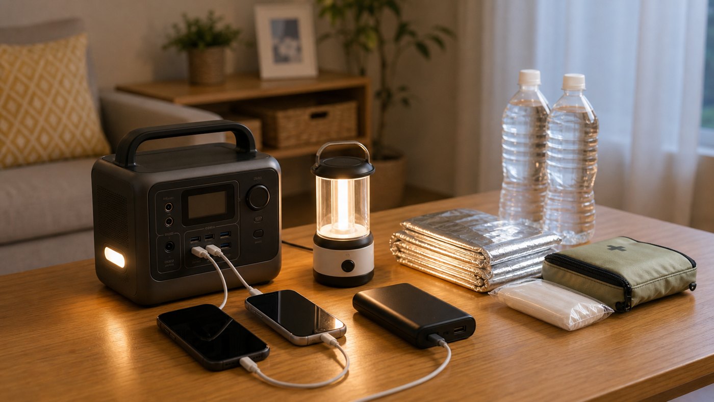 停電時にポータブル電源でスマホとランタンを使うイメージ