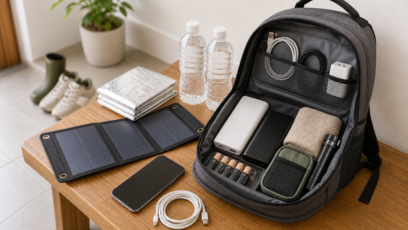 避難バッグにモバイルバッテリーと充電用品を入れたイメージ