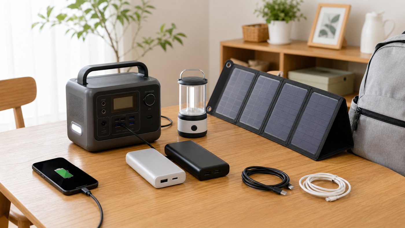 防災用バッテリーと充電ケーブルを家庭で準備したイメージ