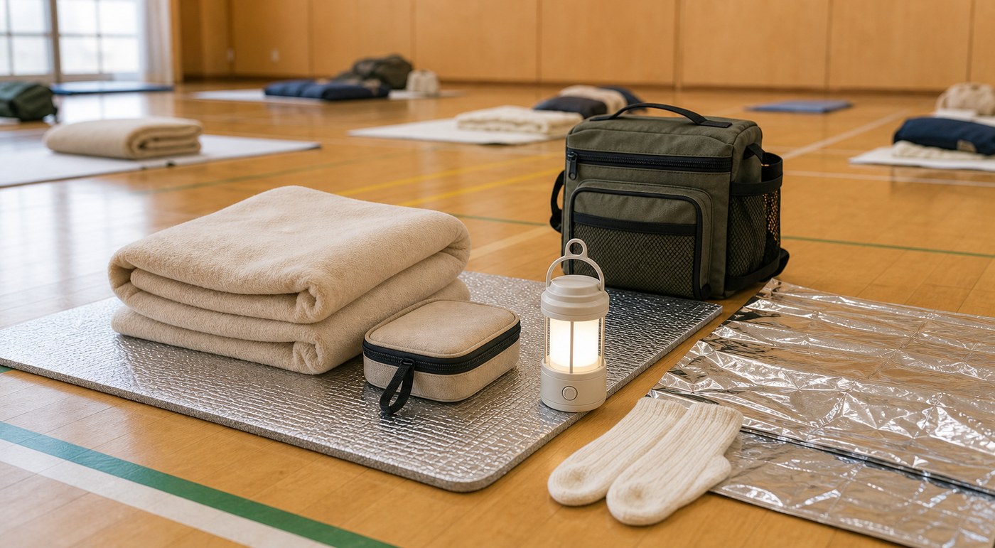 避難所で毛布とマットを使って床冷え対策をするイメージ