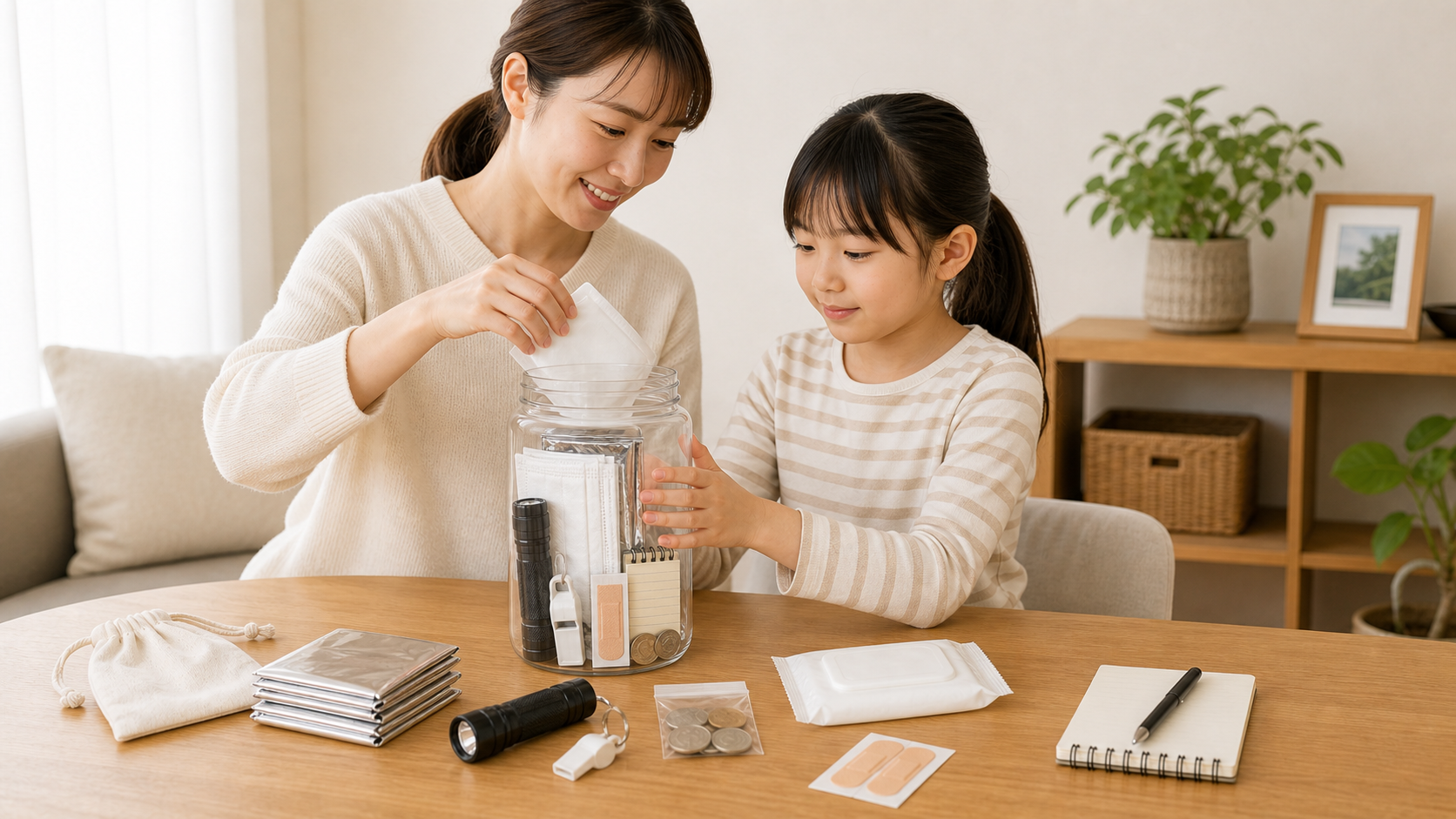 親子で防災ボトルを準備している様子