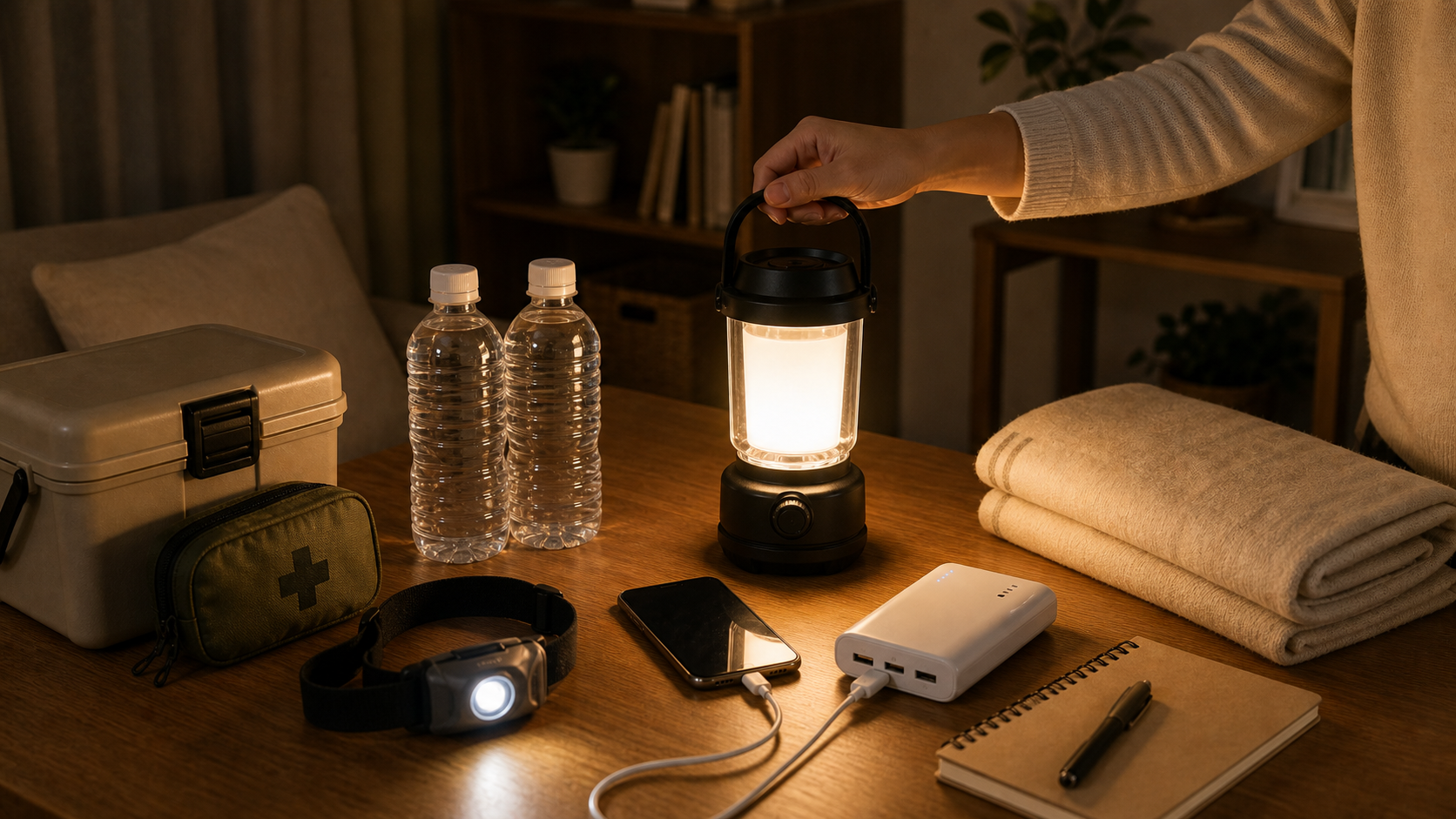 停電時にキャンプ用ランタンとポータブル電源を使う様子