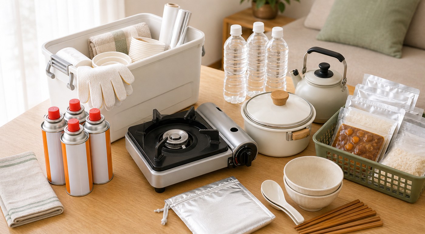 カセットコンロと調理用品をまとめて備えるイメージ