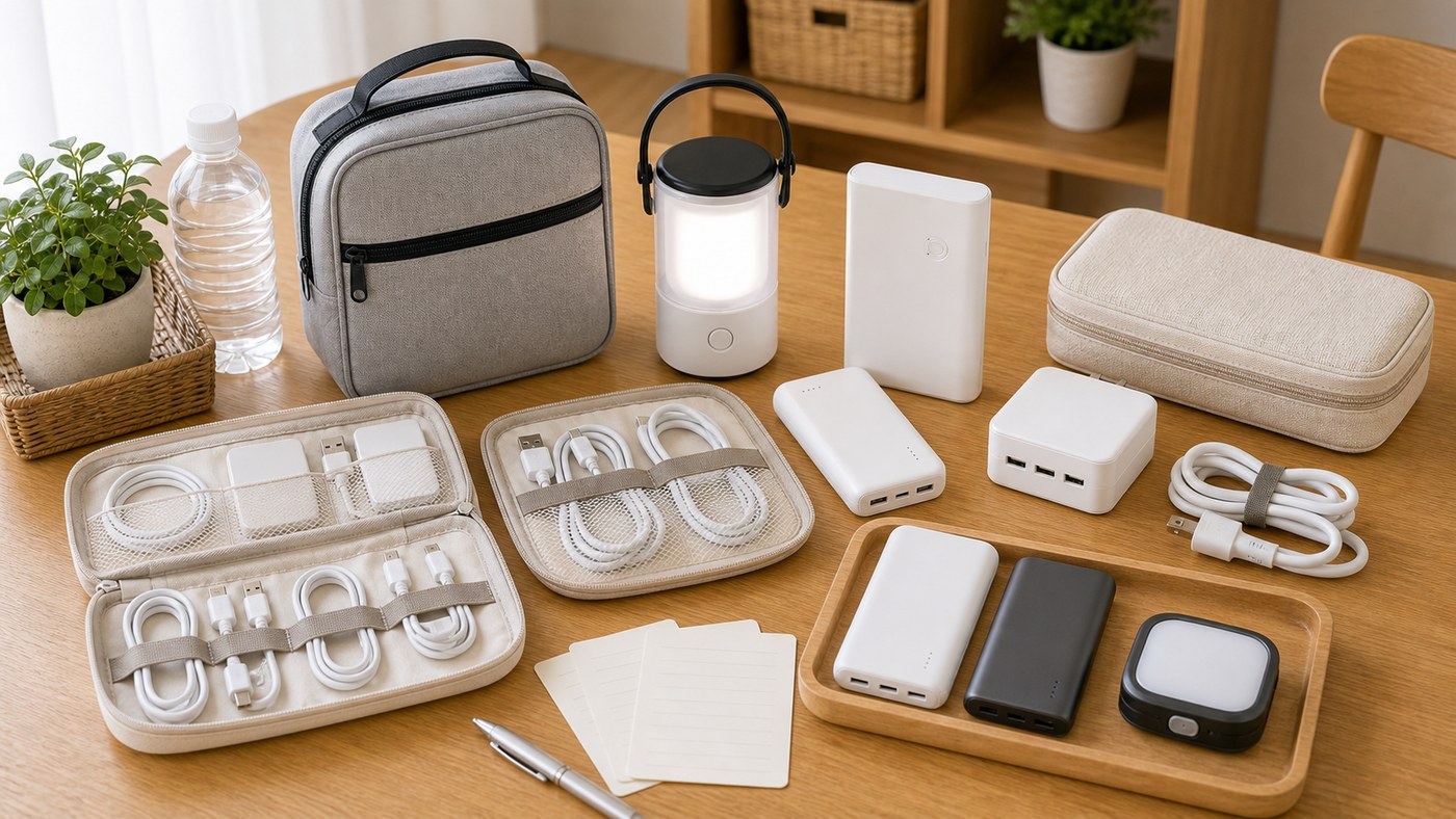 家族分の充電器とケーブルを整理して備えるイメージ