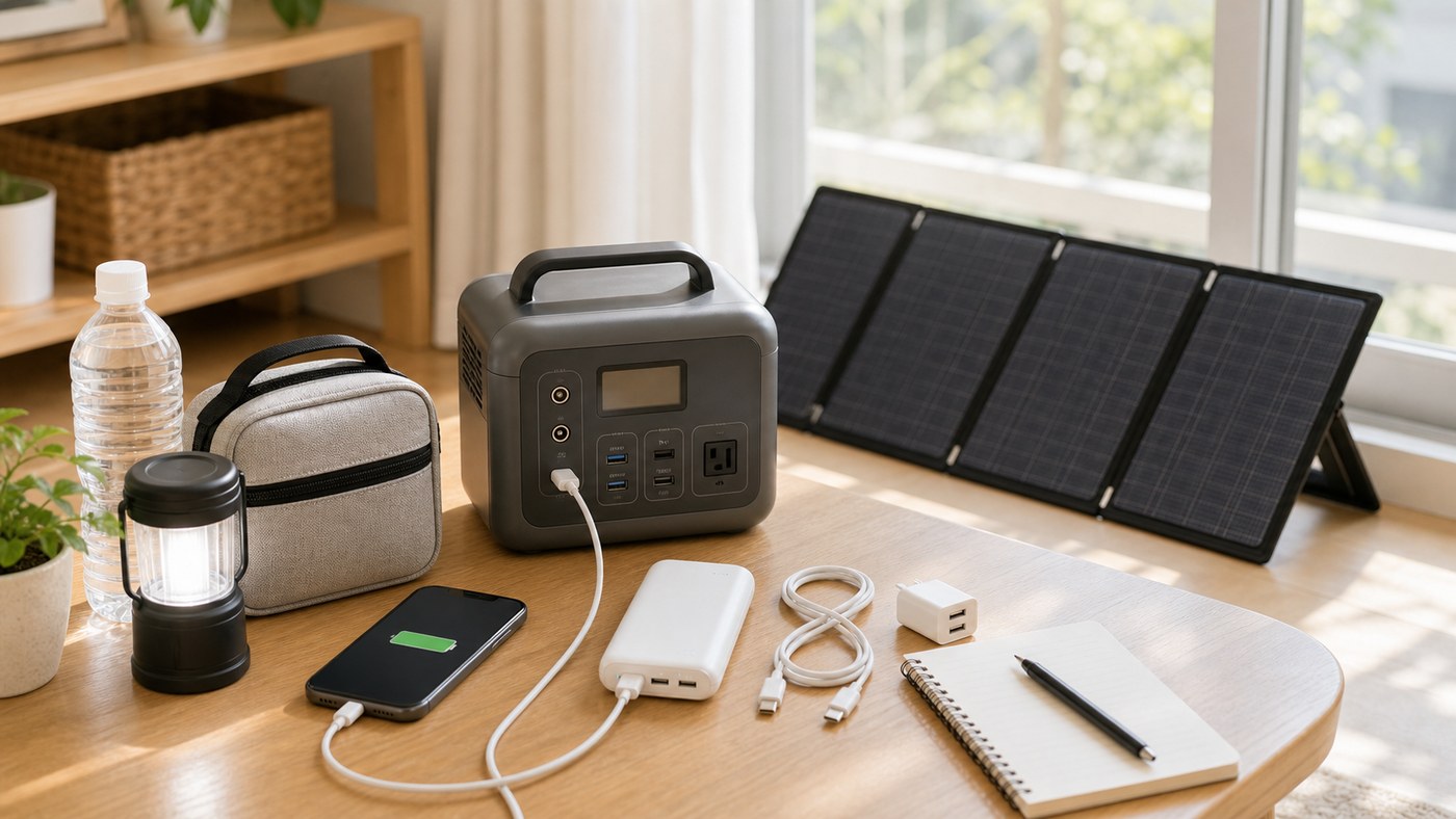 長期停電に備えてポータブル電源とソーラー充電器を用意するイメージ