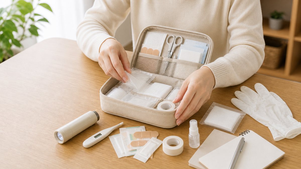 家庭で防災用救急セットの中身を確認している様子