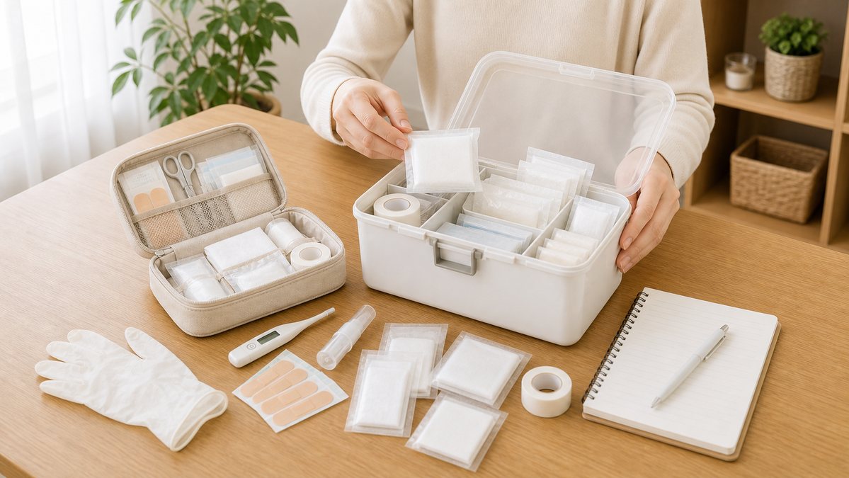 防災用救急セットの補充と見直しをしている様子