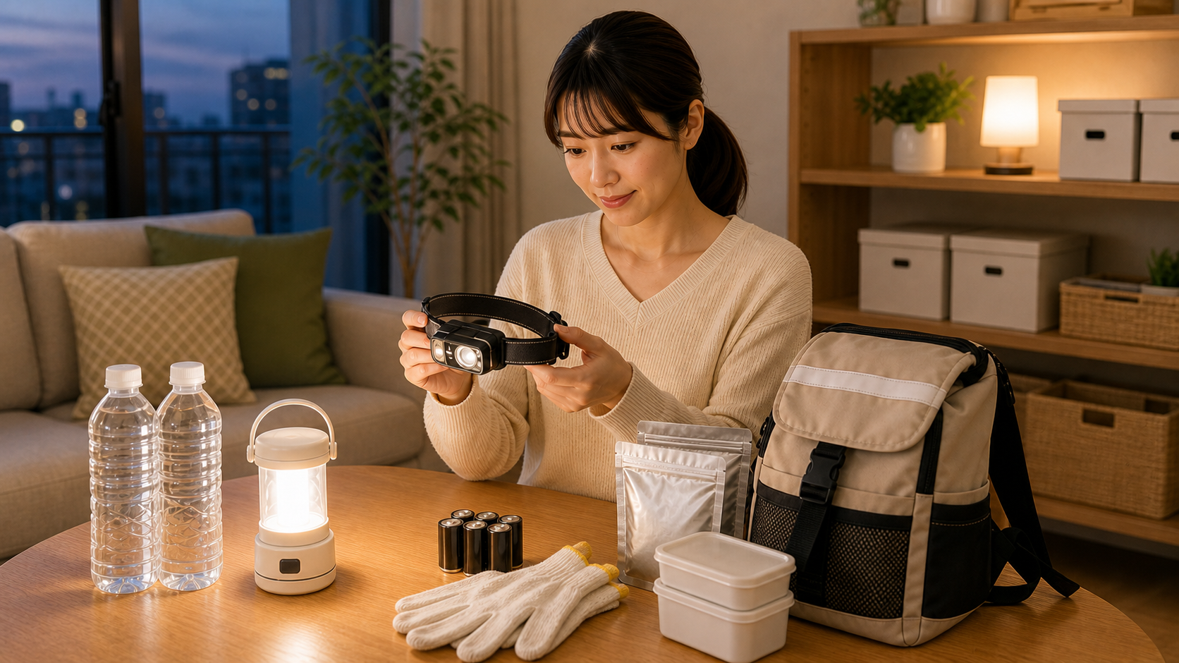 停電時にヘッドライトと防災用品を確認している様子
