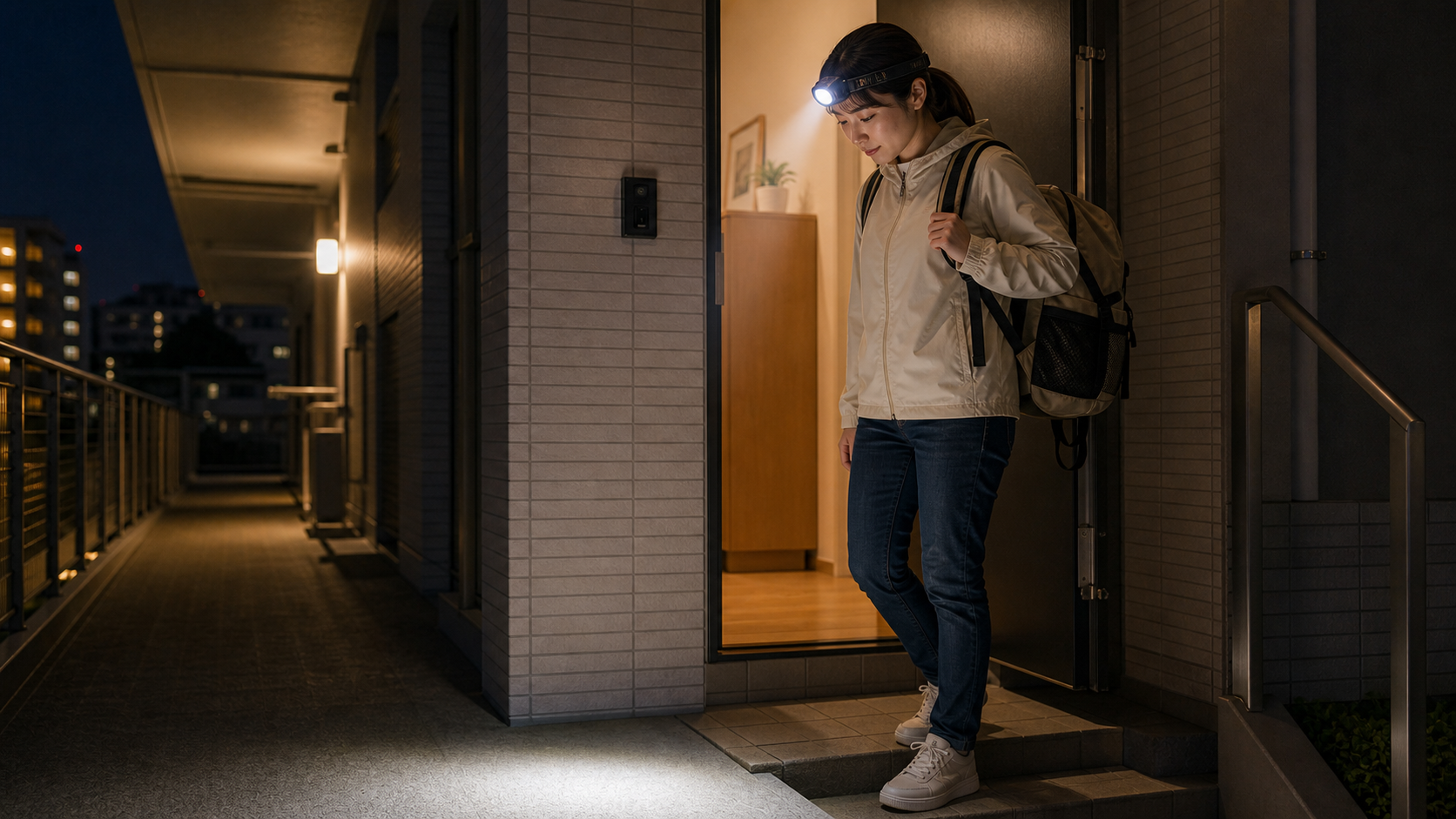夜間の避難時にヘッドライトで足元を照らしている様子