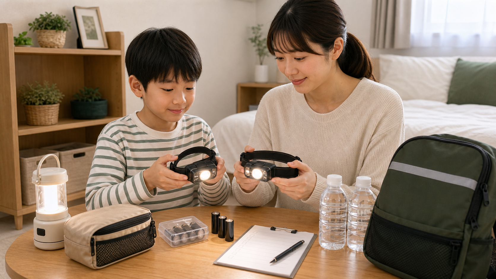 家族で防災用ヘッドライトの点灯確認をしている様子