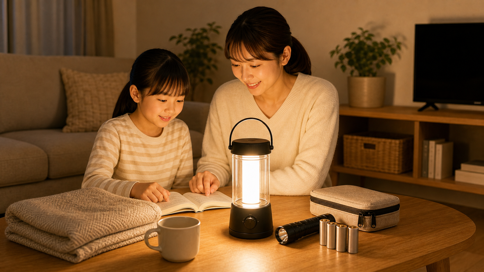 親子が防災ランタンの明かりで過ごす様子