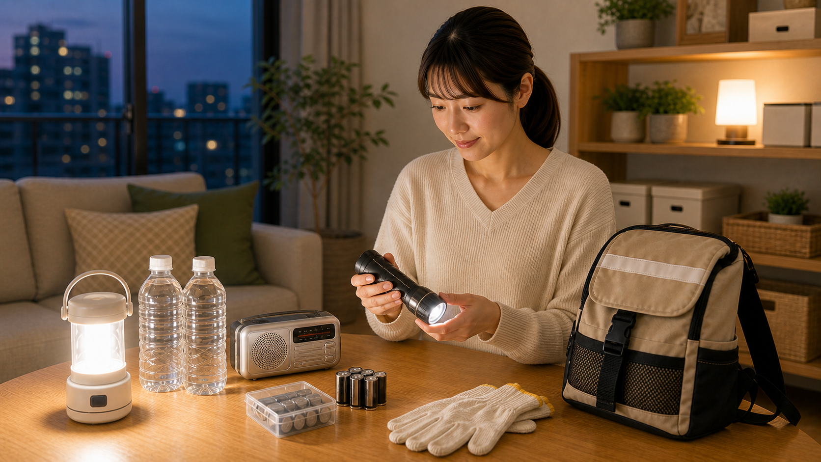 停電時にLEDランタンと懐中電灯、防災用品を確認している様子