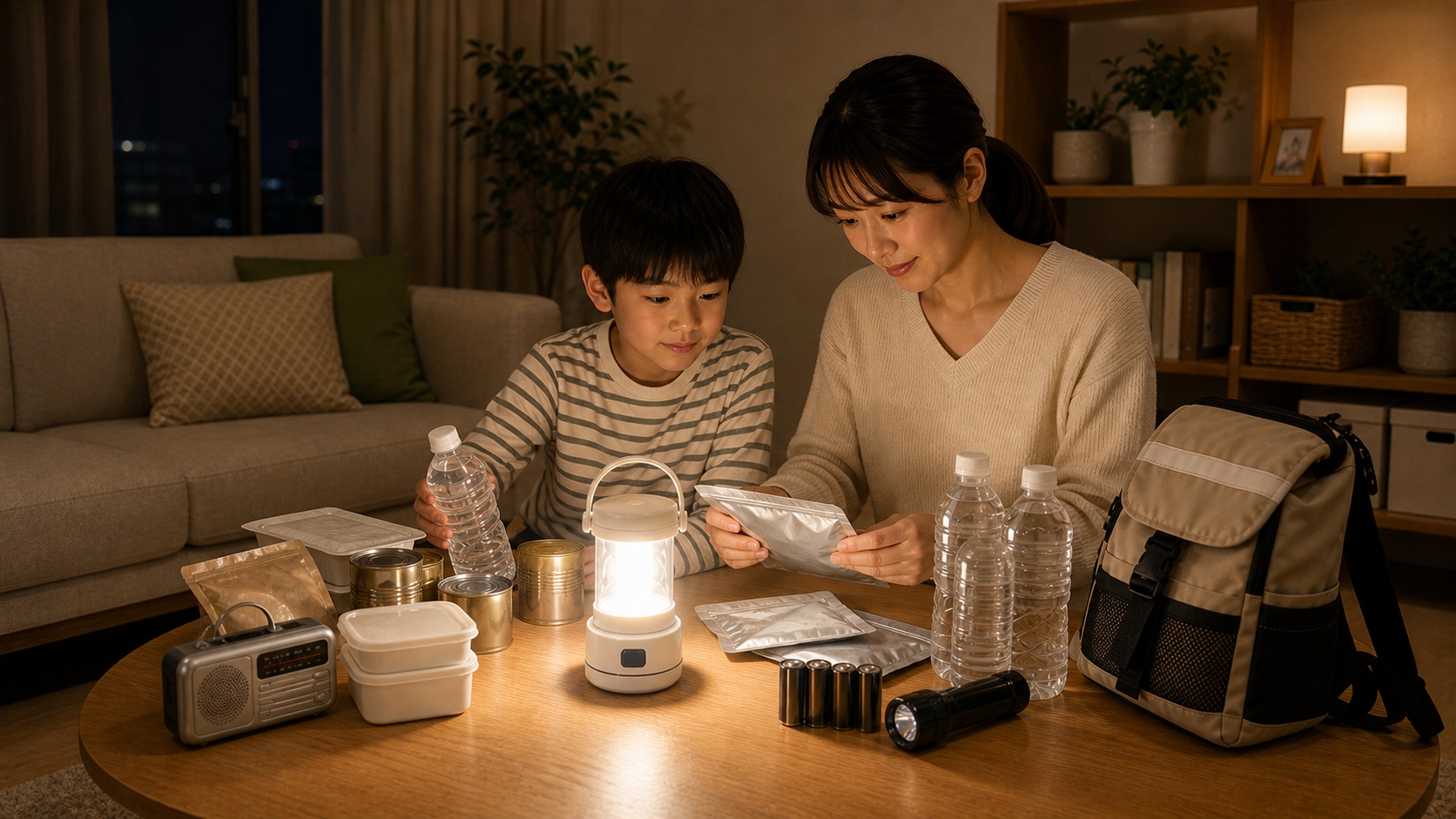 LEDランタンで部屋を照らしながら家族で防災用品を確認している様子