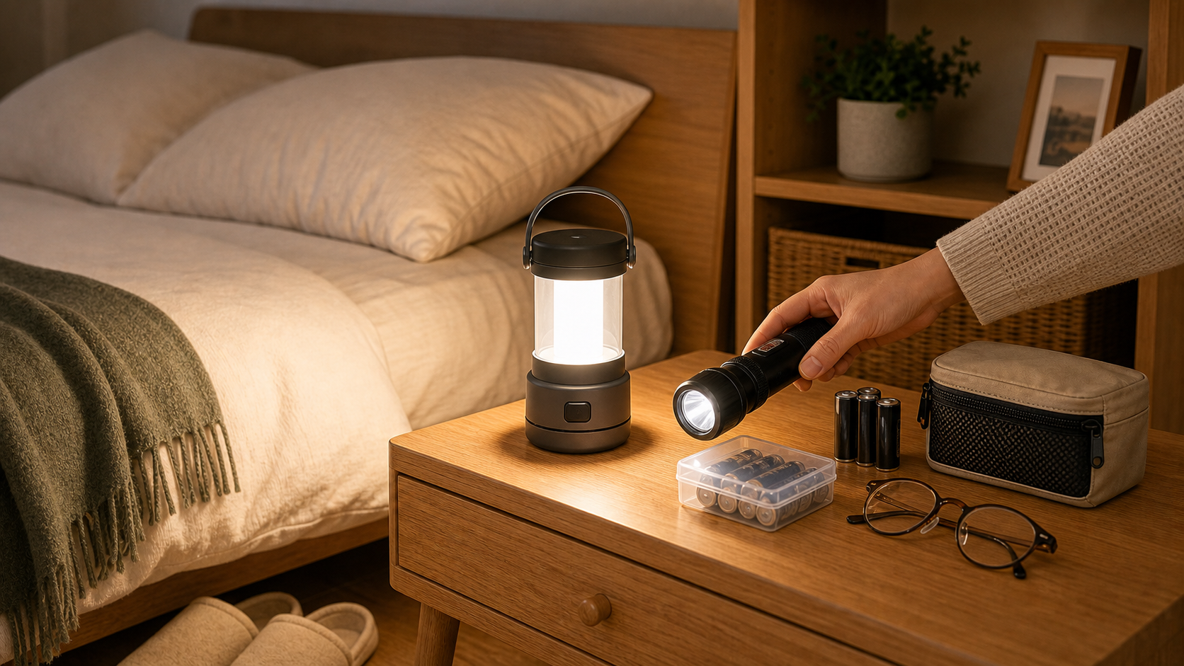 寝室の枕元にLEDランタンや懐中電灯、予備電池を備えている様子