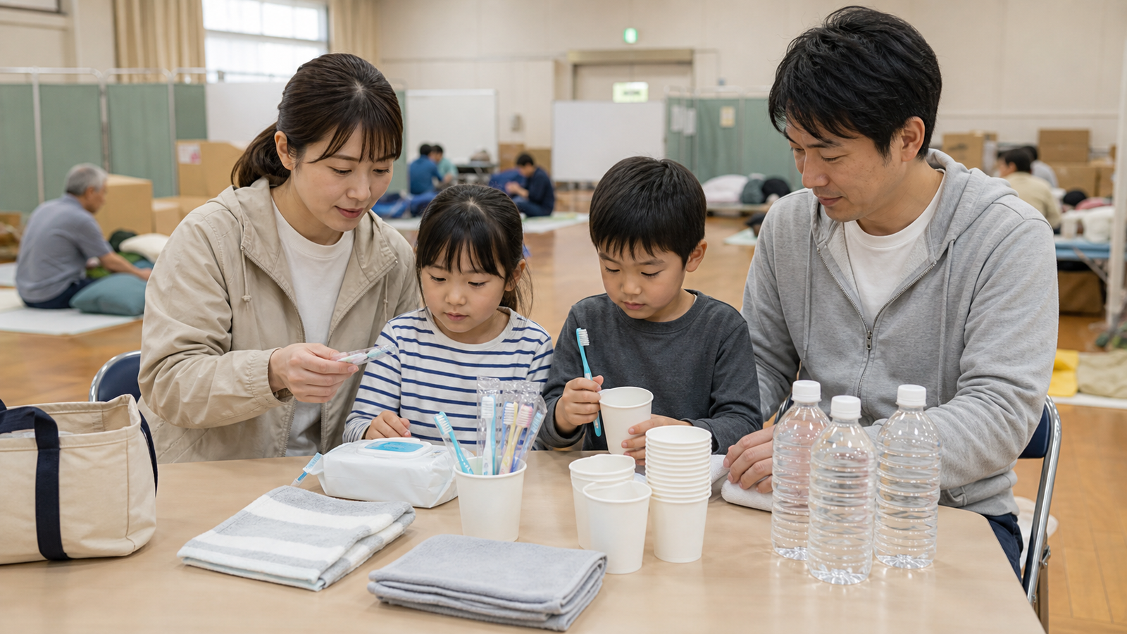 災害時の口腔ケア用品を防災袋に準備する様子