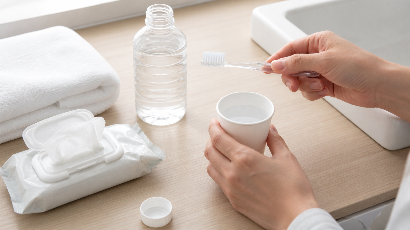 少量の水で歯みがき用品を準備する様子
