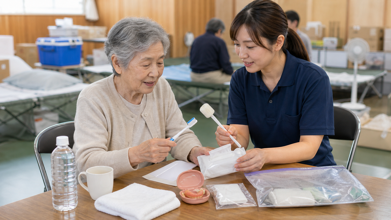 避難所で口腔ケア用品を整理する家族