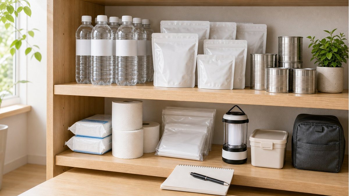 保存水や非常食などの災害備蓄品を棚に整理している様子