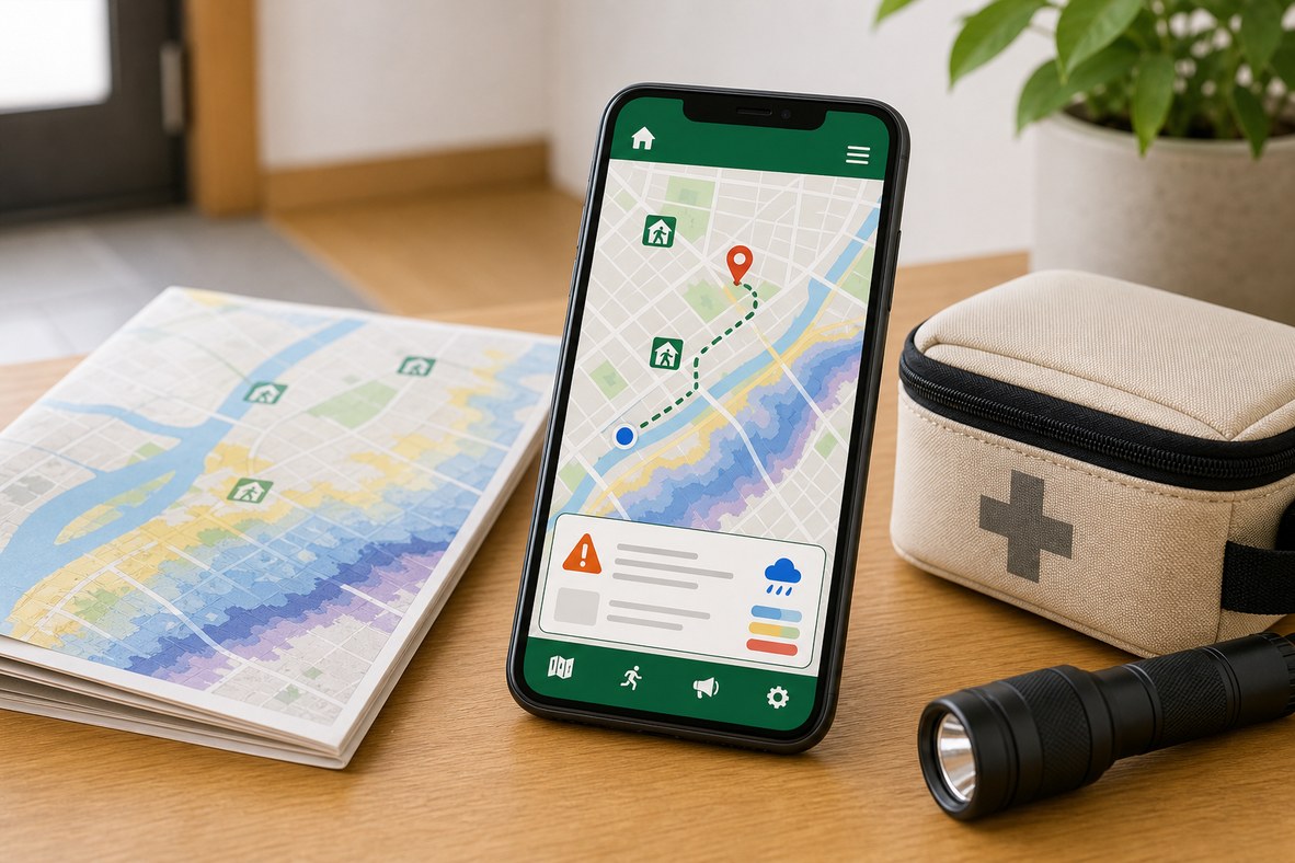 スマホで避難所マップやハザードマップを確認しているイメージ