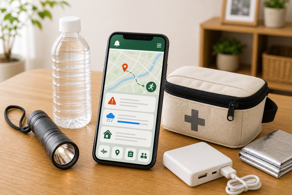 スマホの防災アプリと非常用品を並べたイメージ